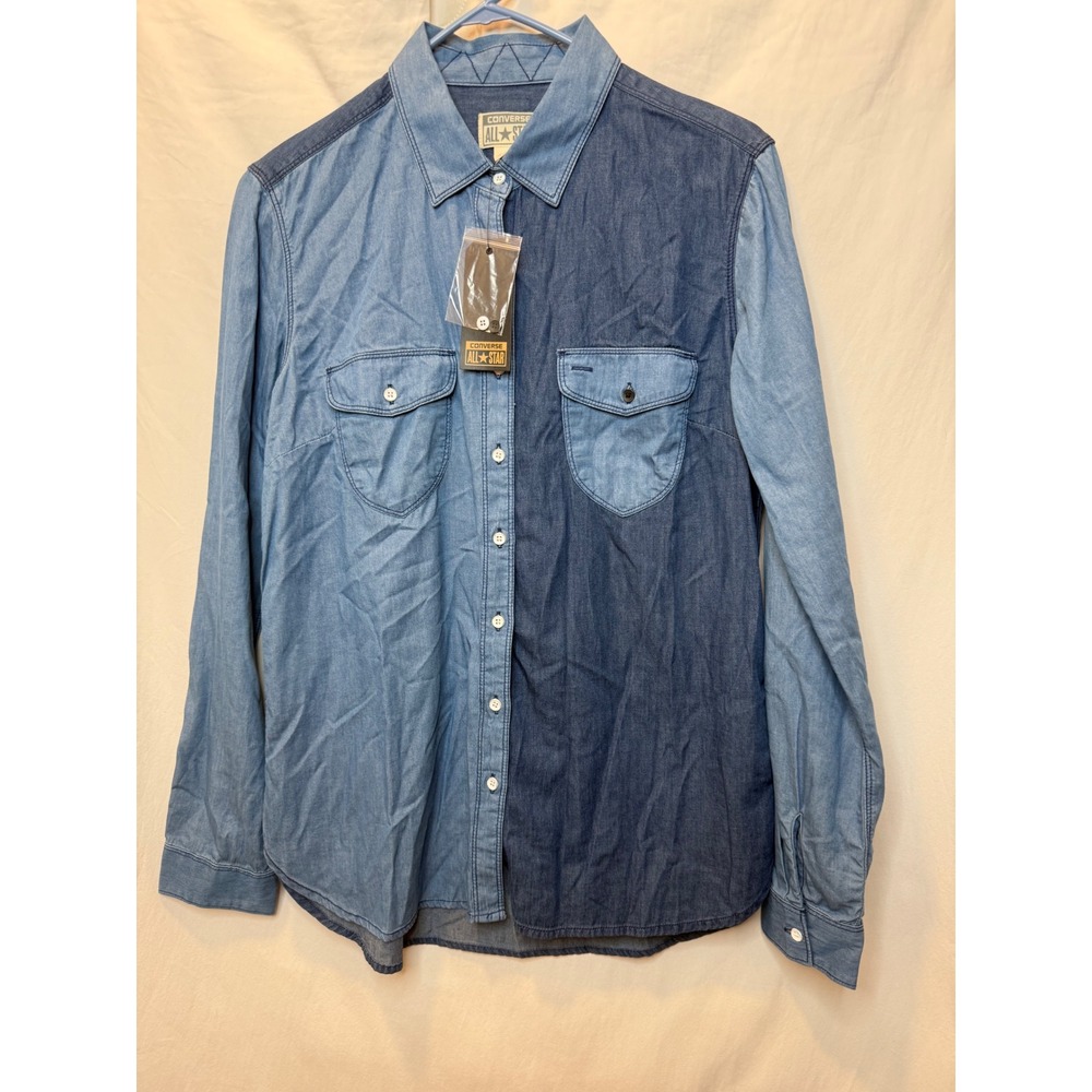 Converse All Star Women's Denim Shirt Colorblock Long Sleeve Button Up Large NWT